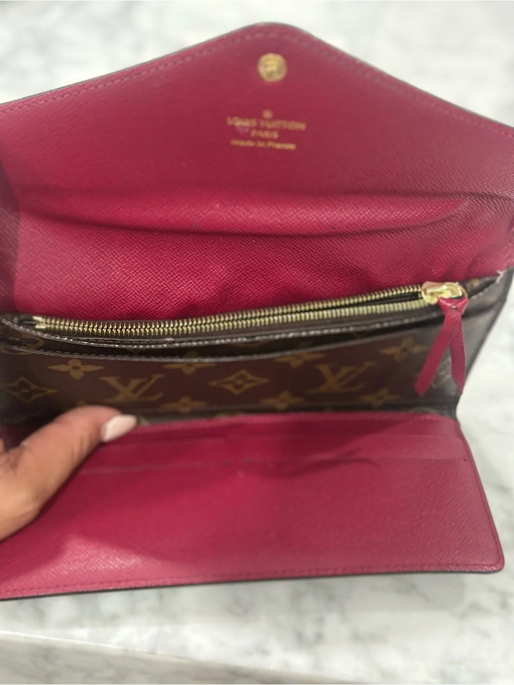 Louis Vuitton Monogram Canvas Brown Wallet with Red Snap